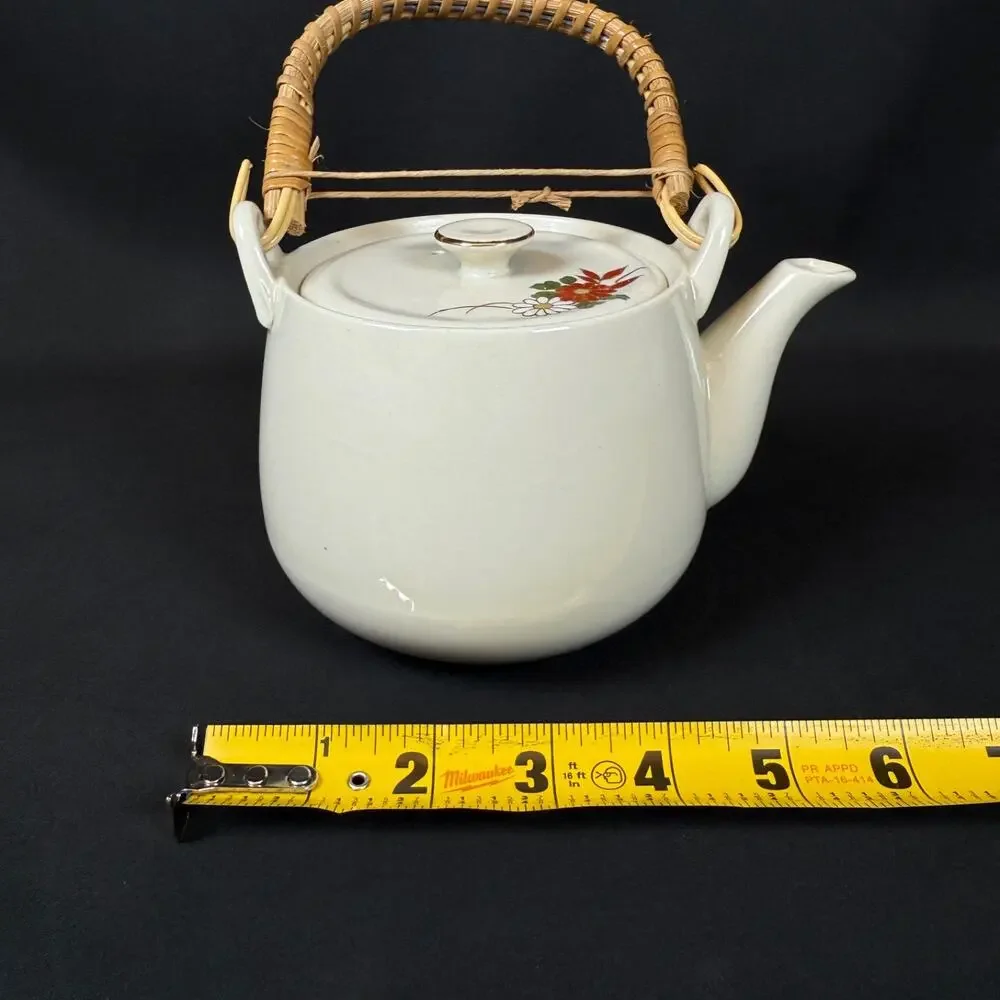 Edsin Bamboo Flowers White Ceramic Teapot with Wicker Handle Made in Japan